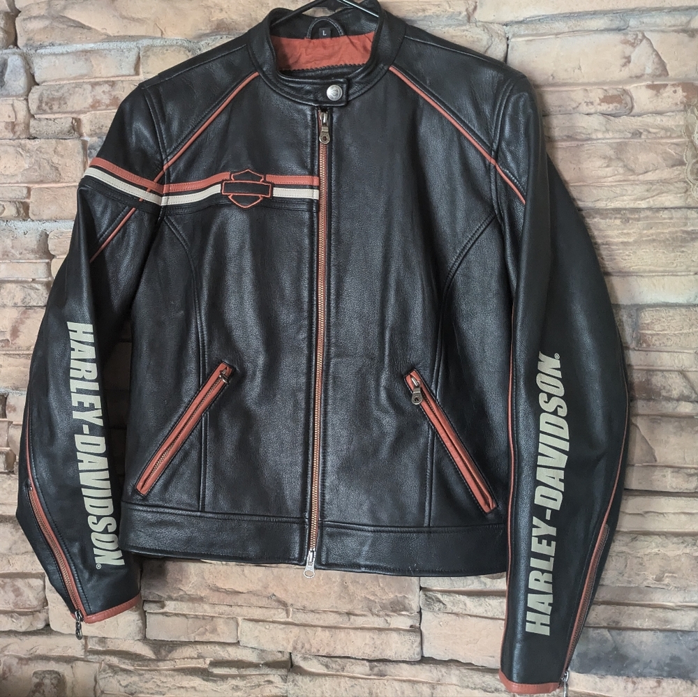 Harley-Davidson motorcycle jacket leather black and orange size large